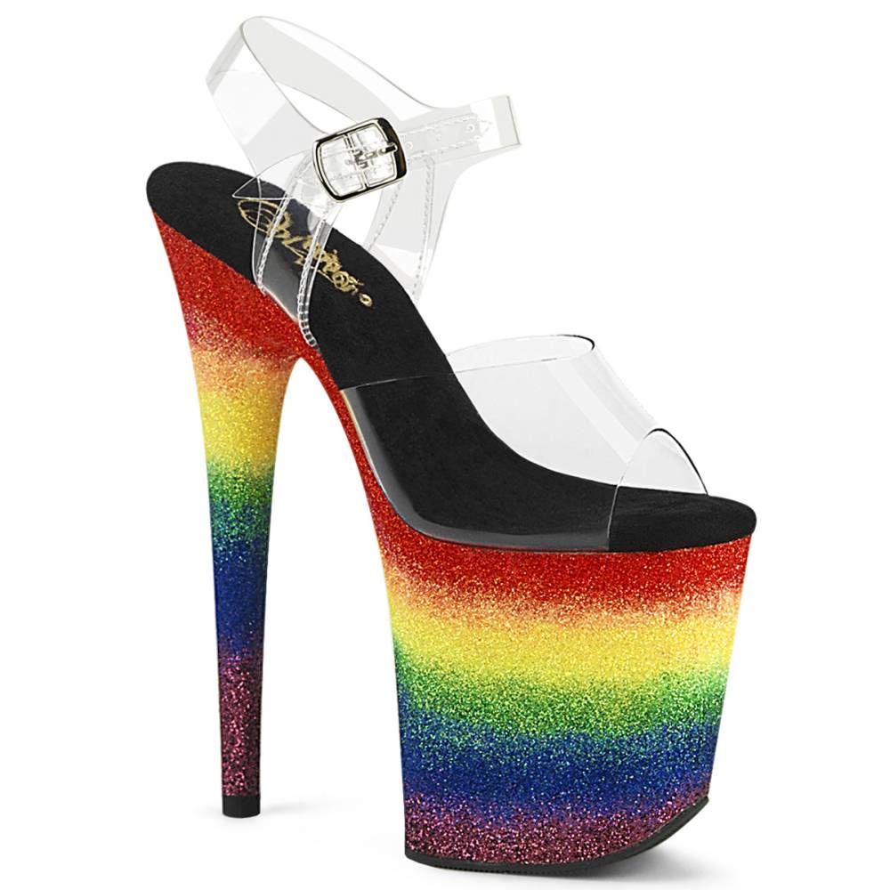 Pleaser - FLAMINGO-808RG-04 Sandale à bride à la cheville, Pole dance chaussures - Arc En Ciel/Transparent